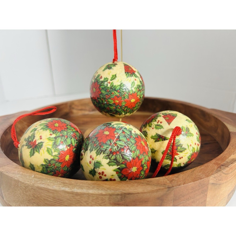 Vintage Decoupage Christmas Red Poinsettia & Holly Leaf Berry Ornaments Set of 4
